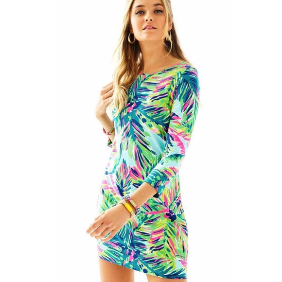 LILLY PULITZER Marlowe Dress Size XS Green Pink Palm Frond Print Shift Sheath - Picture 1 of 5